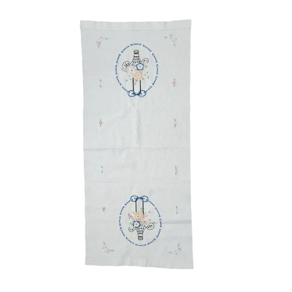 Embroidered Table Runner Dresser Scarf Baskets Flowers 17in x 38in Stains